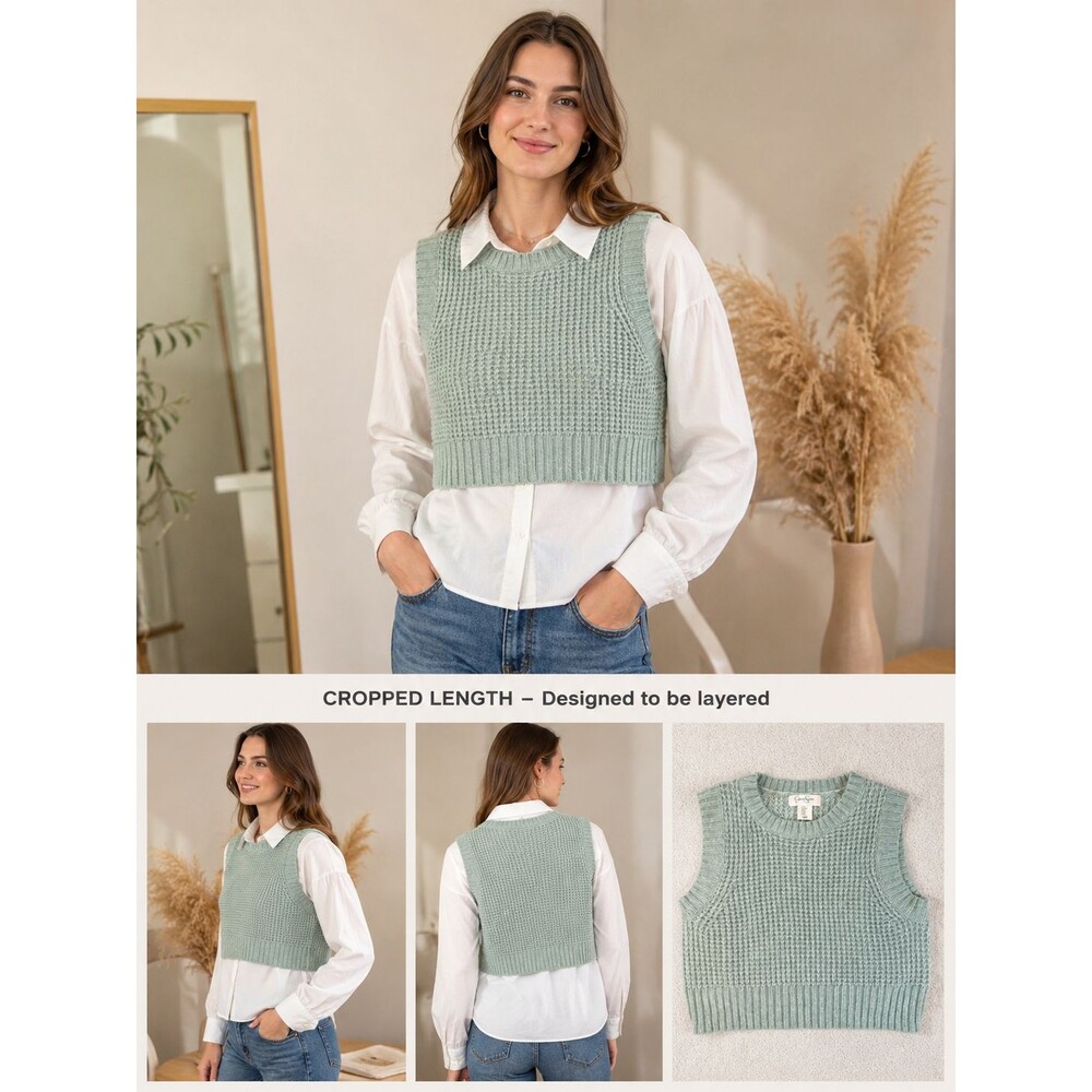 Jessica Simpson Waffle Knit Sweater Vest Cropped L Light Green Preppy Academia